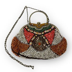 Beaded Multicolor Colorful Boho Art Deco Clutch Bag Purse Vintage Chain Strap